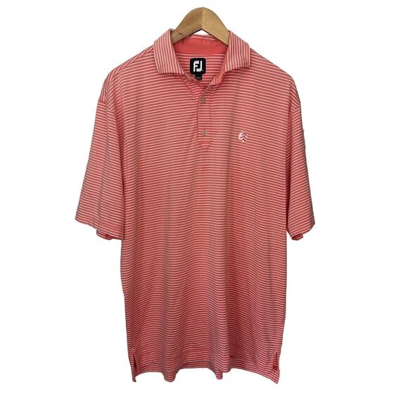 Footjoy FJ Performance Polo Shirt Mens L Melon Pink White Striped Stretch Golf - Picture 1 of 6